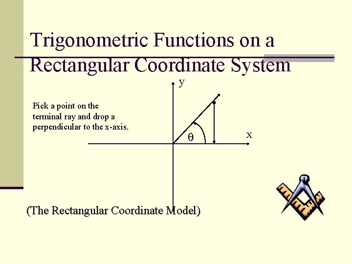 Trigonometric Functions on a Rectangular Coordinate System y Pick a point on the terminal