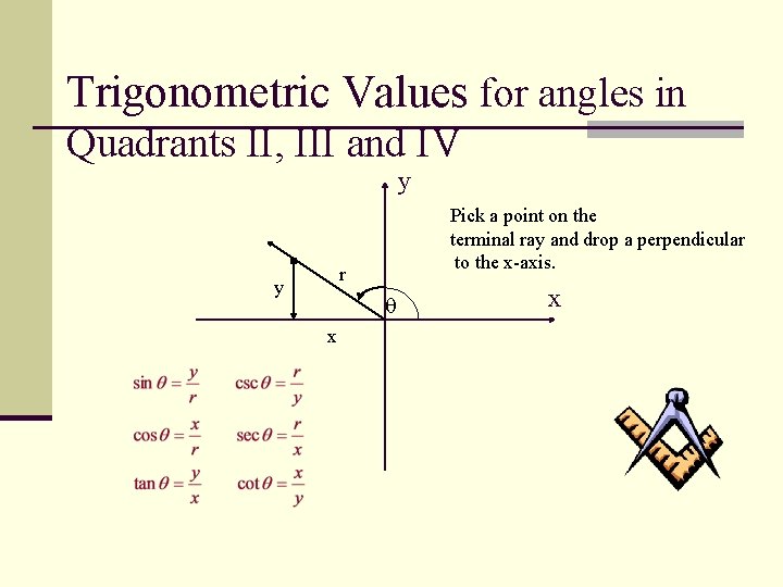 Trigonometric Values for angles in Quadrants II, III and IV y Pick a point