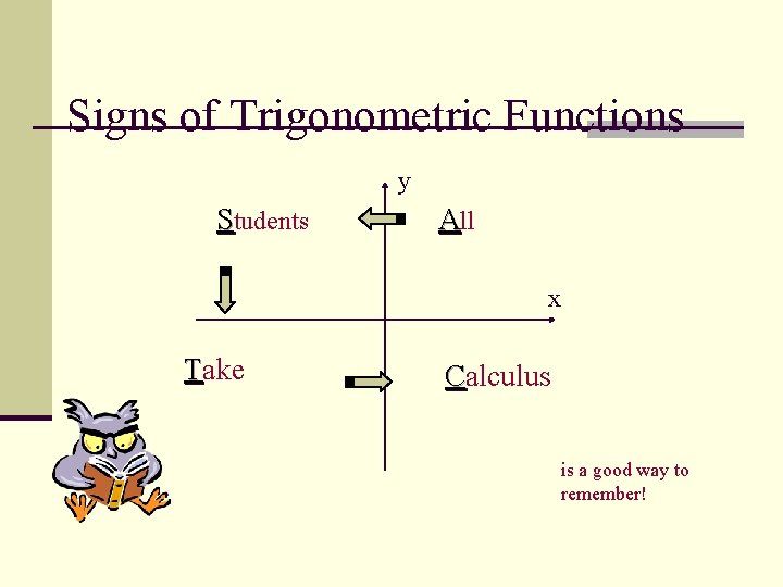 Signs of Trigonometric Functions y Students All x Take Calculus is a good way