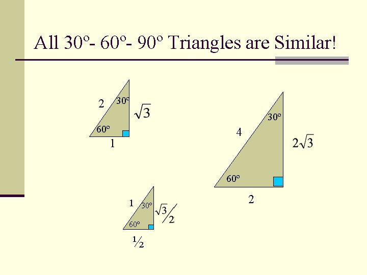 All 30º- 60º- 90º Triangles are Similar! 2 30º 60º 4 1 60º 1