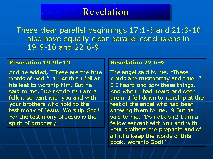 Revelation These clear parallel beginnings 17: 1 -3 and 21: 9 -10 also have