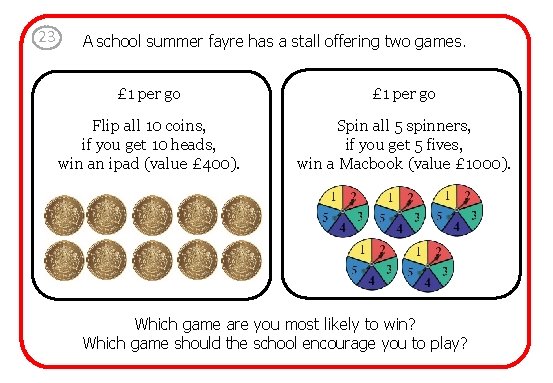 23 A school summer fayre has a stall offering two games. £ 1 per