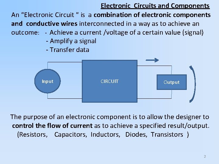 Electronic Circuits and Components An “Electronic Circuit “ is a combination of electronic components