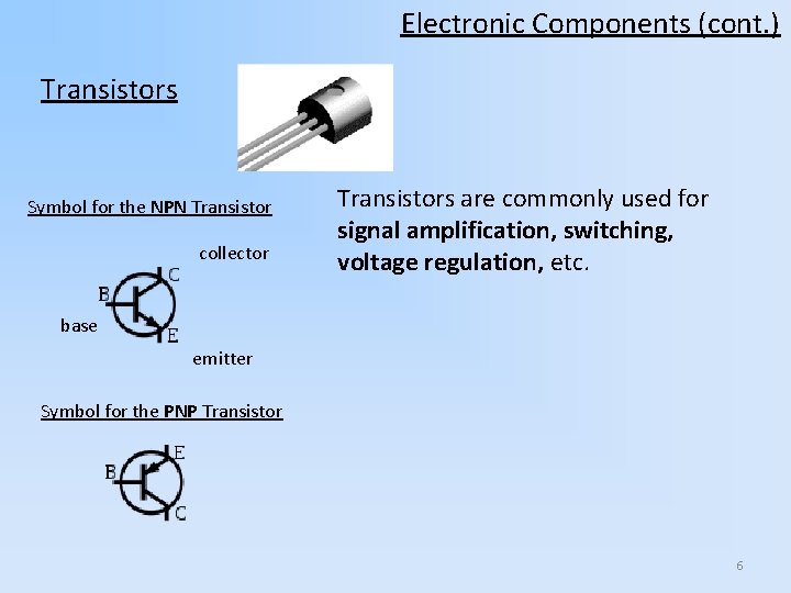 Electronic Components (cont. ) Transistors Symbol for the NPN Transistor collector Transistors are commonly