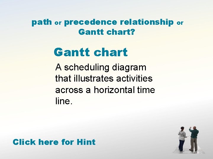 path or precedence relationship Gantt chart? Gantt chart A scheduling diagram that illustrates activities