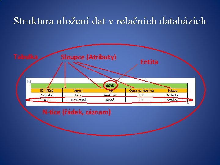 Struktura uložení dat v relačních databázích Tabulka Sloupce (Atributy) N-tice (řádek, záznam) Entita 