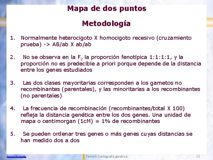 Mapa de dos puntos Metodología 1. Normalmente heterocigoto X homocigoto recesivo (cruzamiento prueba) ->