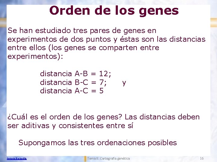 Orden de los genes Se han estudiado tres pares de genes en experimentos de