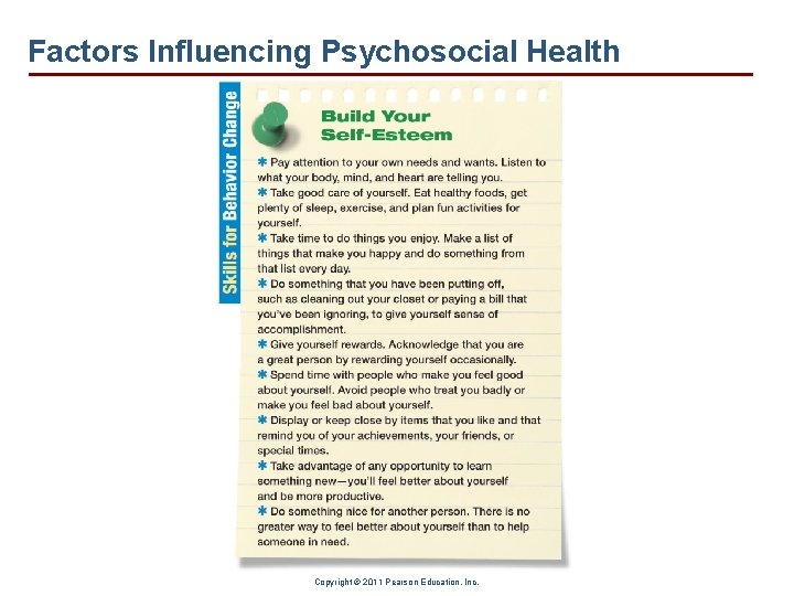 Factors Influencing Psychosocial Health Copyright © 2011 Pearson Education, Inc. 