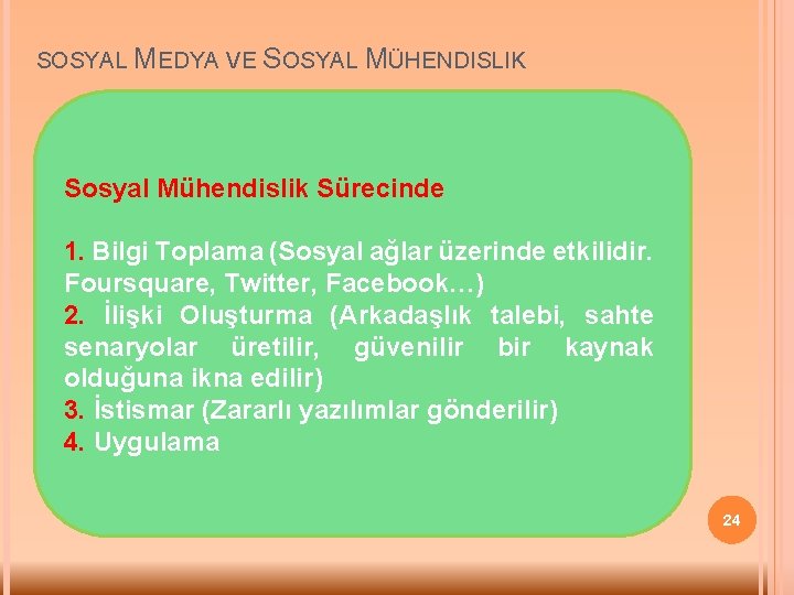 SOSYAL MEDYA VE SOSYAL MÜHENDISLIK Sosyal Mühendislik Sürecinde 1. Bilgi Toplama (Sosyal ağlar üzerinde