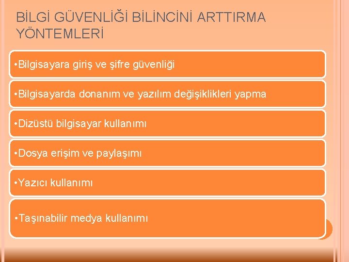 BİLGİ GÜVENLİĞİ BİLİNCİNİ ARTTIRMA YÖNTEMLERİ • Bilgisayara giriş ve şifre güvenliği • Bilgisayarda donanım