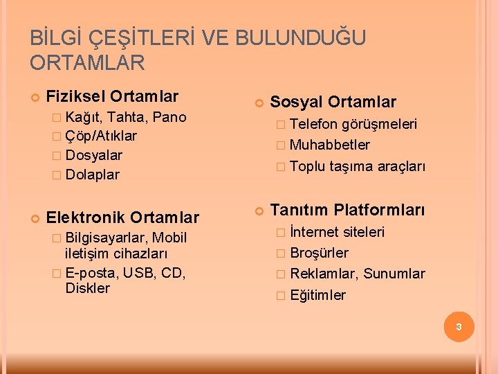 BİLGİ ÇEŞİTLERİ VE BULUNDUĞU ORTAMLAR Fiziksel Ortamlar � Kağıt, Tahta, Pano � Çöp/Atıklar �