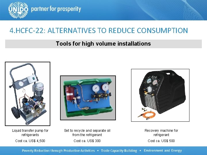 4. HCFC-22: ALTERNATIVES TO REDUCE CONSUMPTION Tools for high volume installations Liquid transfer pump