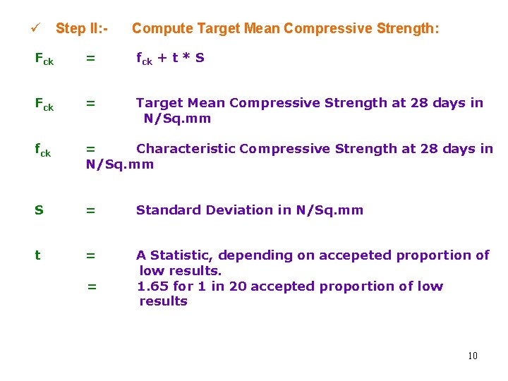  Step II: - Compute Target Mean Compressive Strength: Fck = fck + t