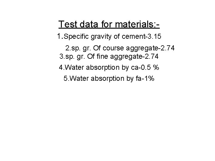 Test data for materials: 1. Specific gravity of cement-3. 15 2. sp. gr. Of
