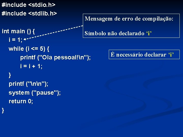 #include <stdio. h> #include <stdlib. h> Mensagem de erro de compilação: int main ()