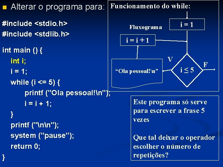 n Alterar o programa para: Funcionamento do while: #include <stdio. h> #include <stdlib. h>