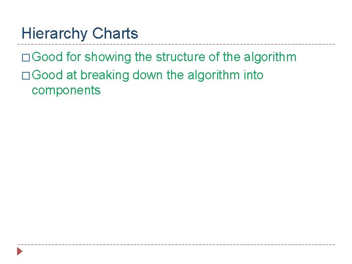 Hierarchy Charts � Good for showing the structure of the algorithm � Good at