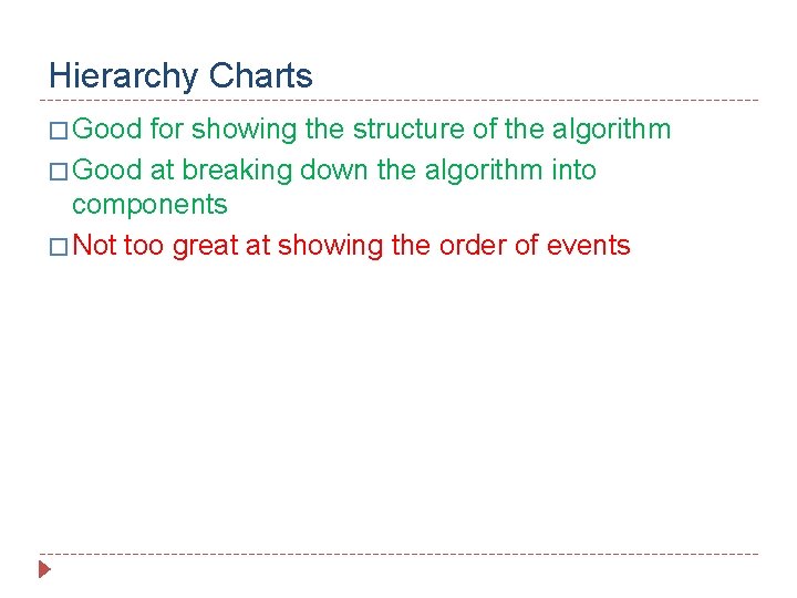 Hierarchy Charts � Good for showing the structure of the algorithm � Good at