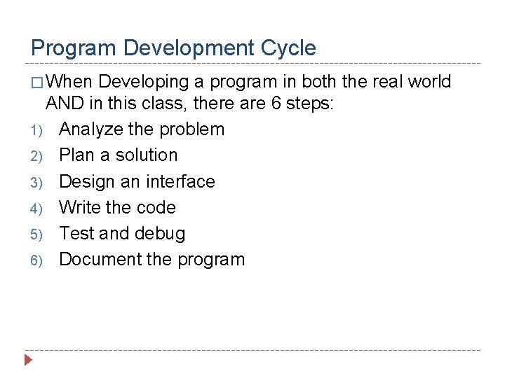 Program Development Cycle � When Developing a program in both the real world AND