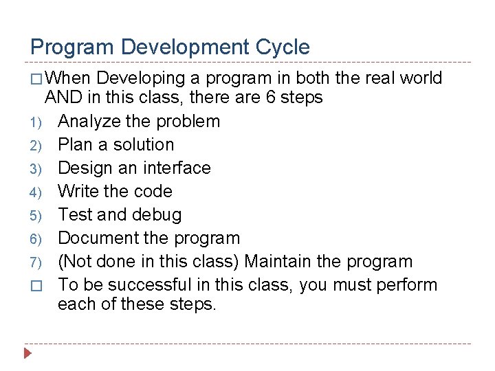 Program Development Cycle � When Developing a program in both the real world AND