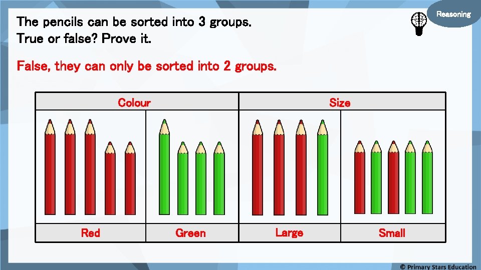 Reasoning The pencils can be sorted into 3 groups. True or false? Prove it.