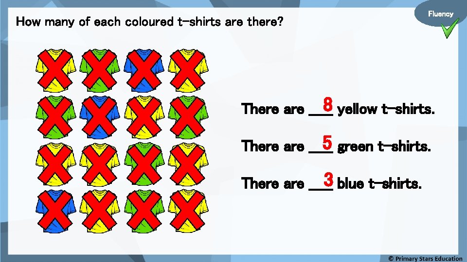 How many of each coloured t-shirts are there? Fluency 8 yellow t-shirts. There are