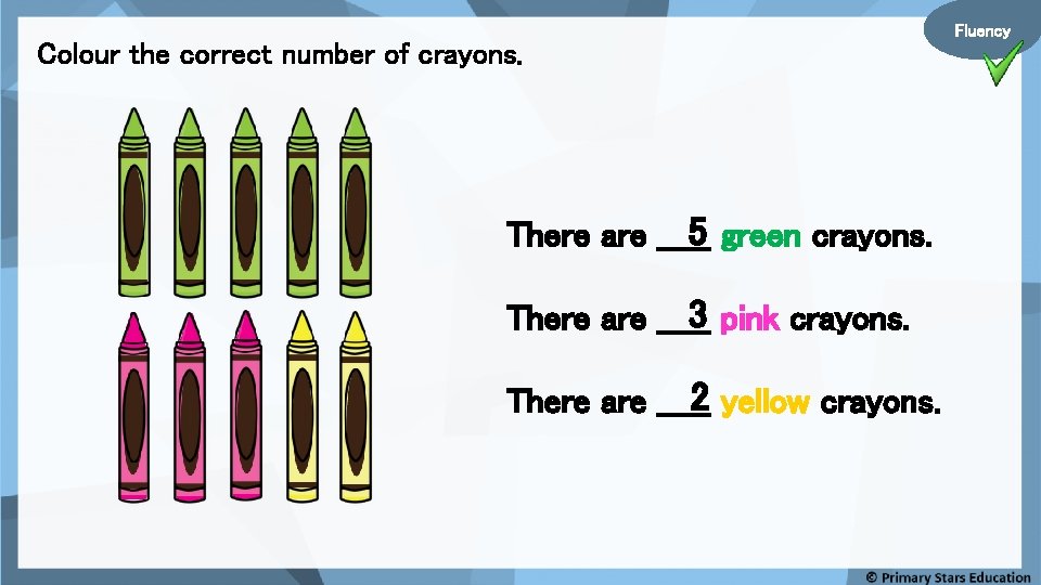 Colour the correct number of crayons. 5 green crayons. There are _____ 3 pink