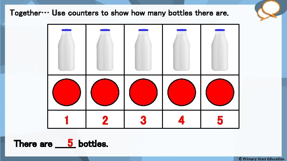 Together… Use counters to show many bottles there are. 1 2 5 bottles. There