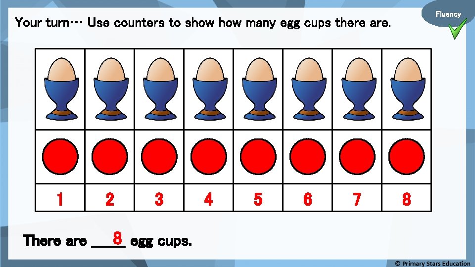 Fluency Your turn… Use counters to show many egg cups there are. 1 2