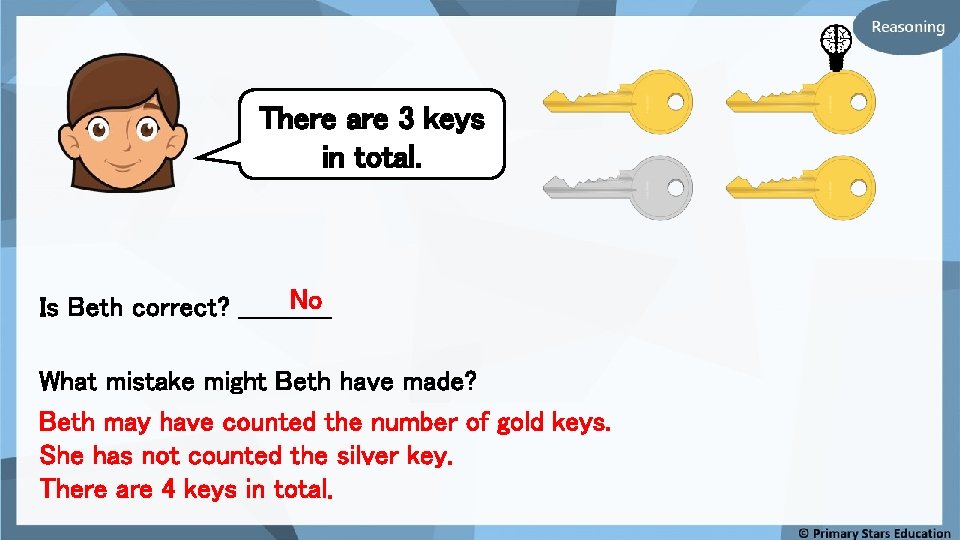 There are 3 keys in total. No Is Beth correct? ______ What mistake might