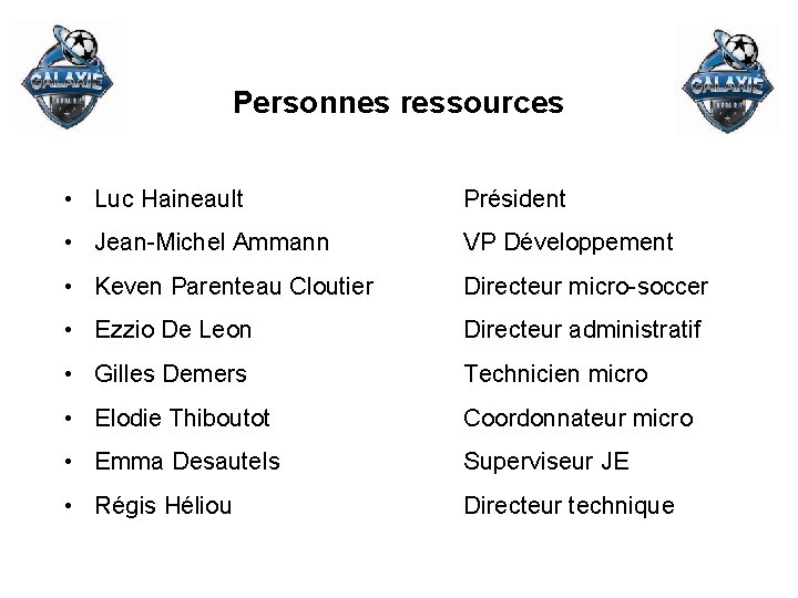 Personnes ressources • Luc Haineault Président • Jean-Michel Ammann VP Développement • Keven Parenteau