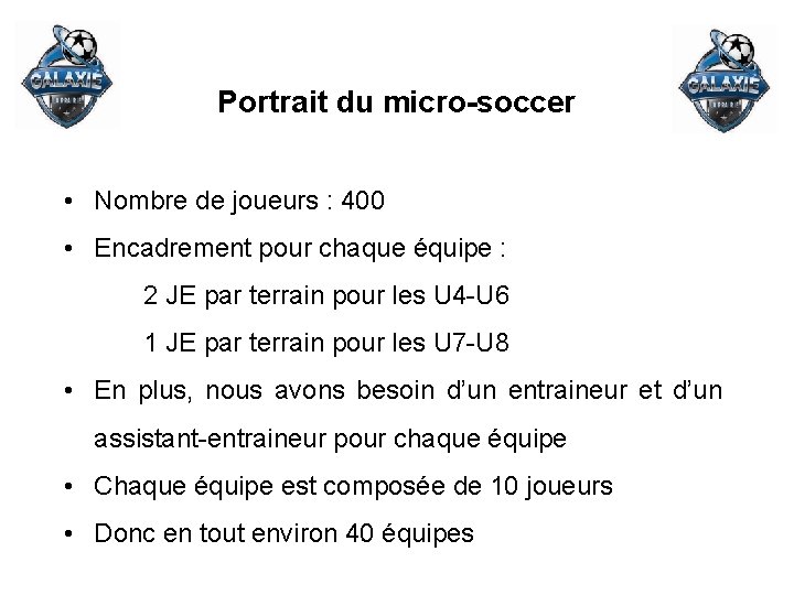 Portrait du micro-soccer • Nombre de joueurs : 400 • Encadrement pour chaque équipe