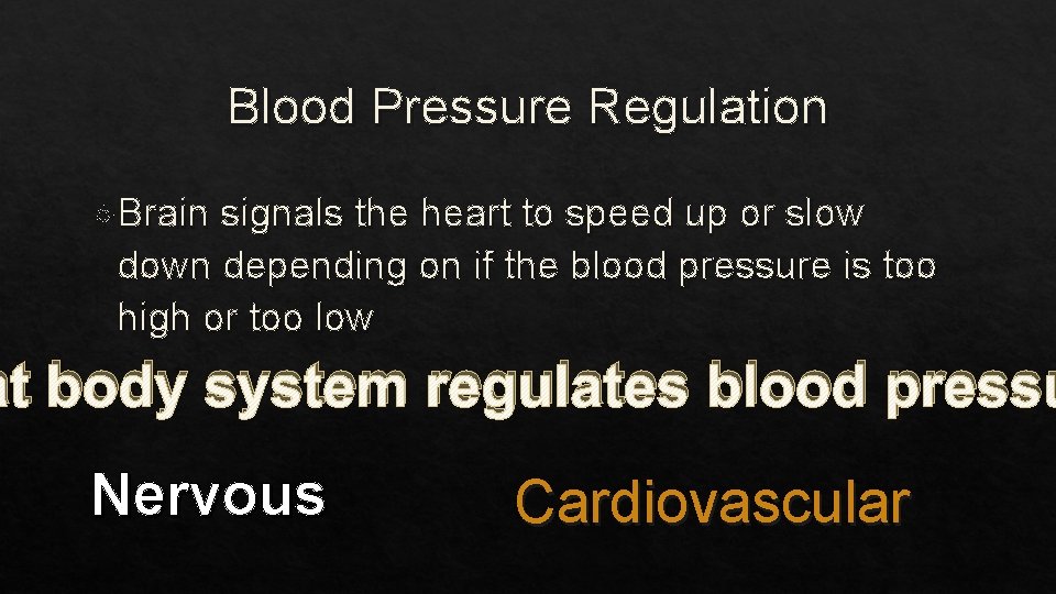 Blood Pressure Regulation Brain signals the heart to speed up or slow down depending