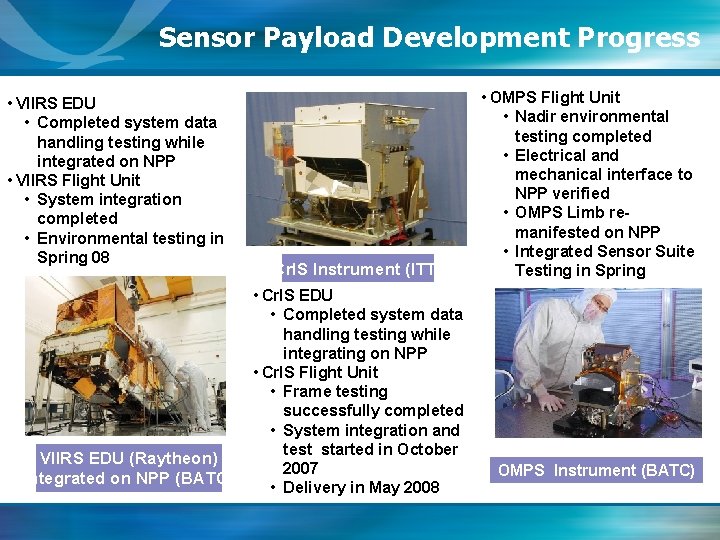 Sensor Payload Development Progress • VIIRS EDU • Completed system data handling testing while