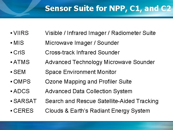 Sensor Suite for NPP, C 1, and C 2 • VIIRS Visible / Infrared