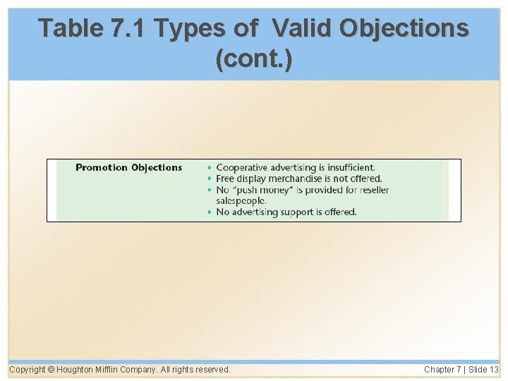 Table 7. 1 Types of Valid Objections (cont. ) Copyright © Houghton Mifflin Company.