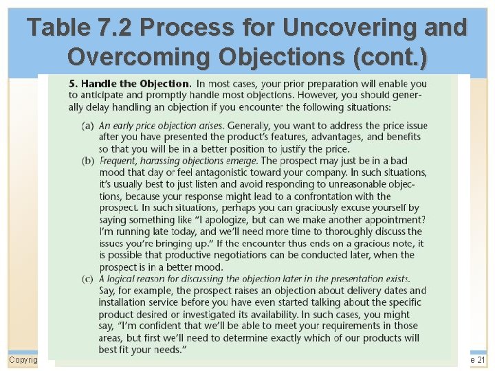 Table 7. 2 Process for Uncovering and Overcoming Objections (cont. ) Copyright © Houghton