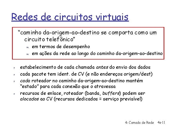 Redes de circuitos virtuais “caminho da-origem-ao-destino se comporta como um circuito telefônico” m m