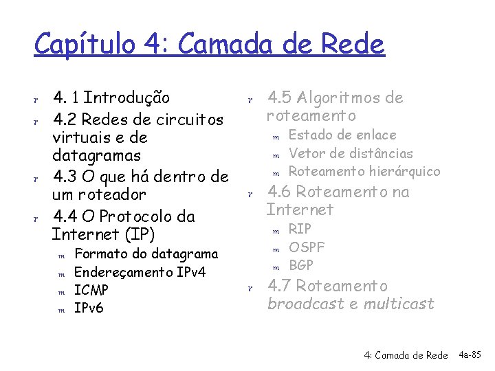 Capítulo 4: Camada de Rede r 4. 1 Introdução r 4. 2 Redes de