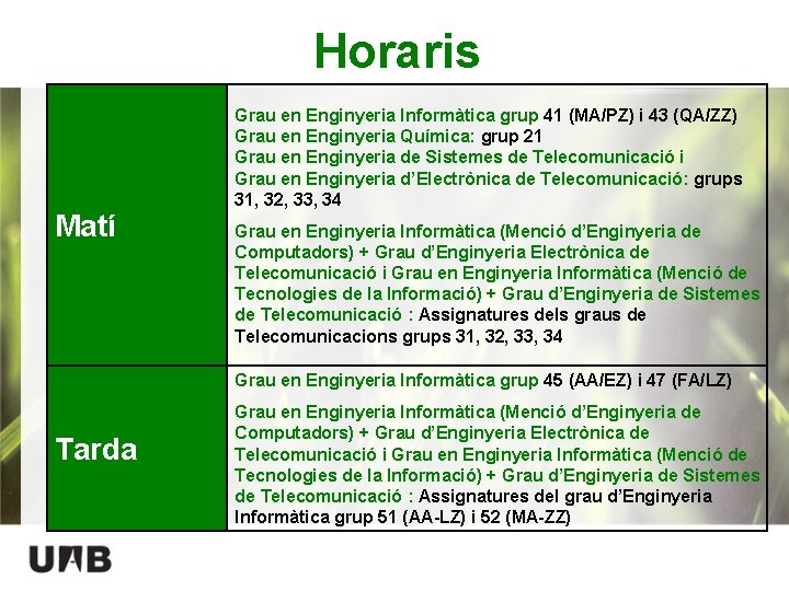 Horaris Matí Grau en Enginyeria Informàtica grup 41 (MA/PZ) i 43 (QA/ZZ) Grau en