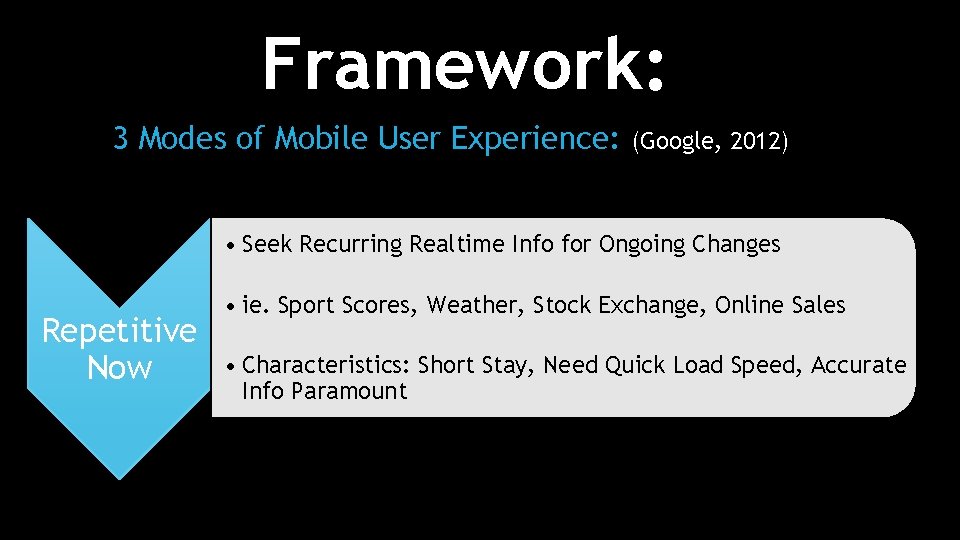 Framework: 3 Modes of Mobile User Experience: (Google, 2012) • Seek Recurring Realtime Info