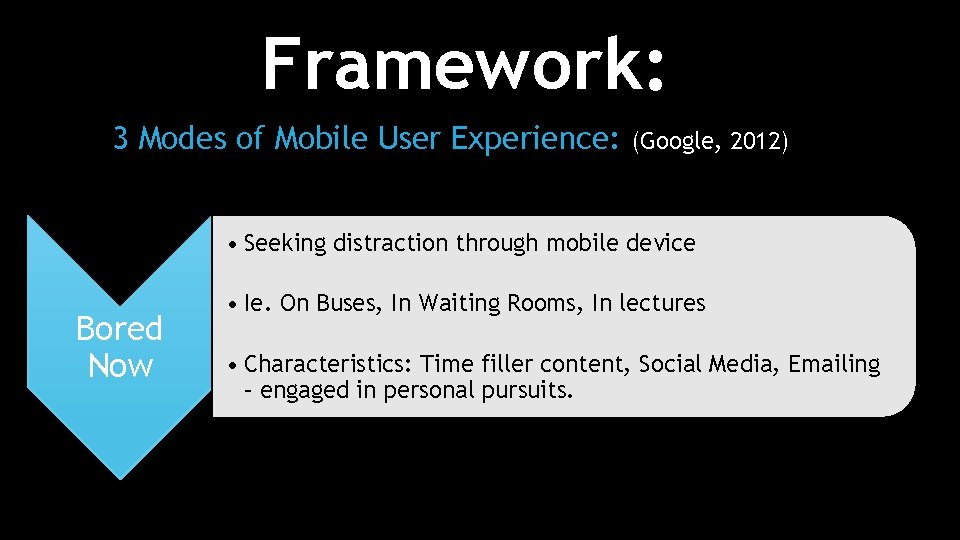 Framework: 3 Modes of Mobile User Experience: (Google, 2012) • Seeking distraction through mobile