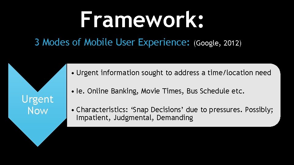 Framework: 3 Modes of Mobile User Experience: (Google, 2012) • Urgent information sought to