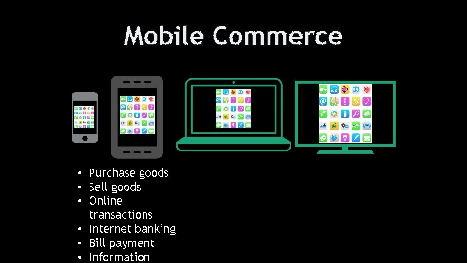 Mobile Commerce • Purchase goods • Sell goods • Online transactions • Internet banking