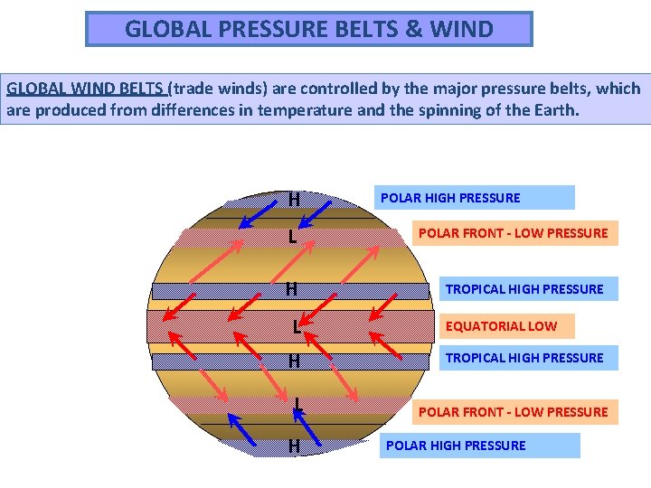 GLOBAL PRESSURE BELTS & WIND GLOBAL WIND BELTS (trade winds) are controlled by the