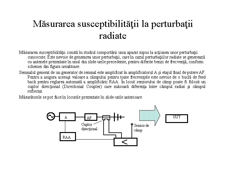 Măsurarea susceptibilităţii la perturbaţii radiate Măsurarea susceptibilităţii constă în studiul comportării unui aparat supus Măsurarea susceptibilităţii la perturbaţii radiate Măsurarea susceptibilităţii constă în studiul comportării unui aparat supus