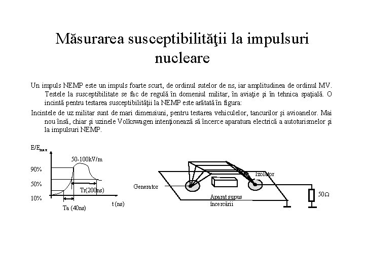 Măsurarea susceptibilităţii la impulsuri nucleare Un impuls NEMP este un impuls foarte scurt, de
