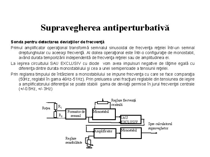 Supravegherea antiperturbativă Sonda pentru detectarea deviaţiilor de frecvenţă Primul amplificator operaţional transformă semnalul sinusoidal Supravegherea antiperturbativă Sonda pentru detectarea deviaţiilor de frecvenţă Primul amplificator operaţional transformă semnalul sinusoidal