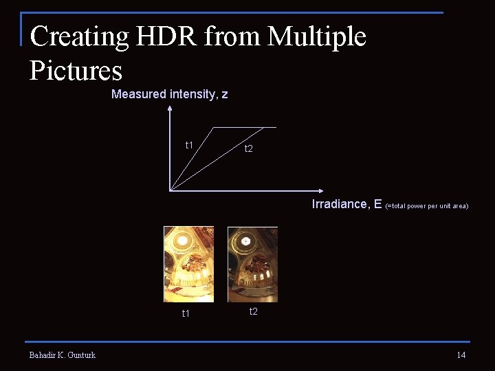 Creating HDR from Multiple Pictures Measured intensity, z t 1 t 2 Irradiance, E